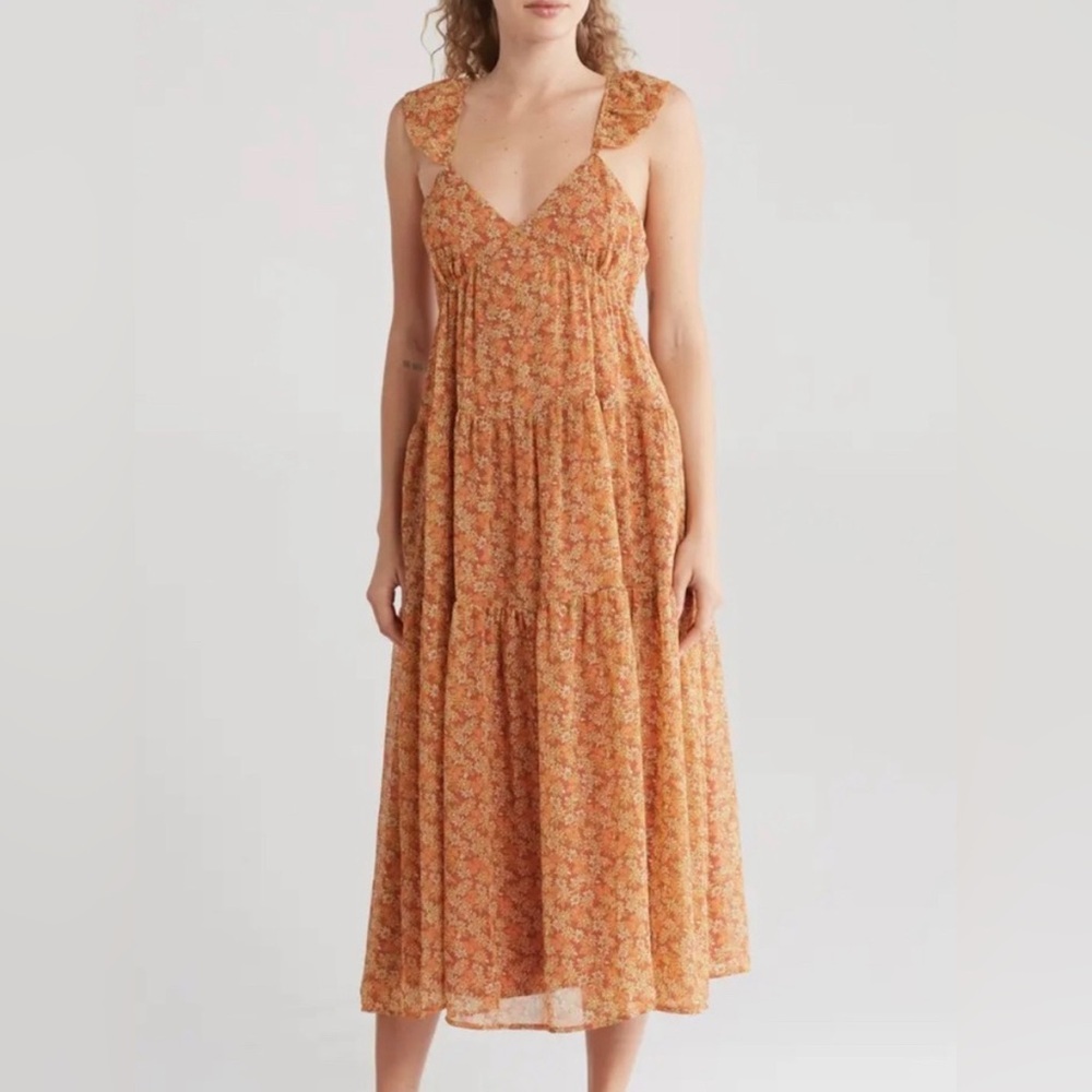 Madewell Floral Georgette Ruffle Sleeve Tiered Midi Dress